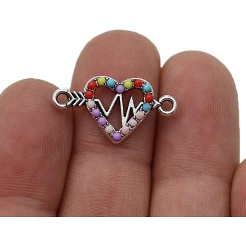 10PCS Colorful Crystal Silver Plated Heart ECG Connectors for Jewelry Making Bracelet Findings DIY Accessories 24x13mm
