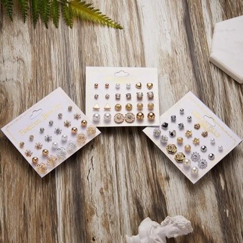 12pairs Earrings Mixed Styles Rhinestone Sun Flower Geometric Pearl Stud Earrings Set Hanging Earring For Women Girls Jewelry