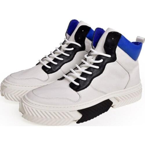 Bmante Men Casual Shoes Genuine Leather Patchwork Mens Sneaker High-TOP Ankle Boots Luxury Platform Lace-up Shoes Hip Hop Owen