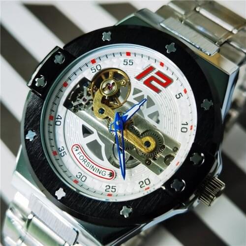 Forsining Men Unique Automatic Mechanical Watches Transparent Bridge Silver Race Car Army Stainless Steel Belts Sport Wristwatch