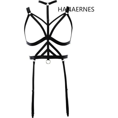 HANAERNES Black sexy thick shoulder strap gothic cage adjustment body harness ladies home casual bra garter harness harness set