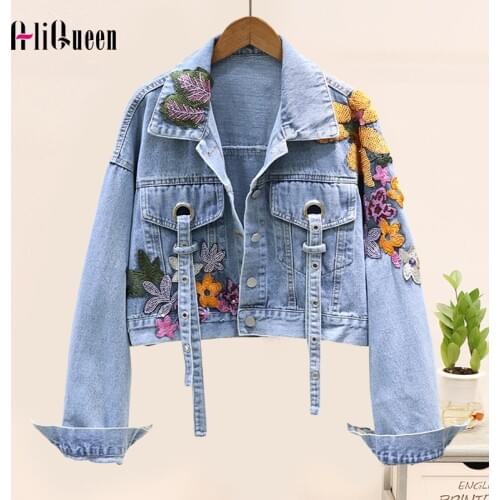 Vintage Black Floral Embroidered Handmade Sequins Denim Coats and Jackets Women Loose Blue Short Jeans Coat Streetwear Outwear