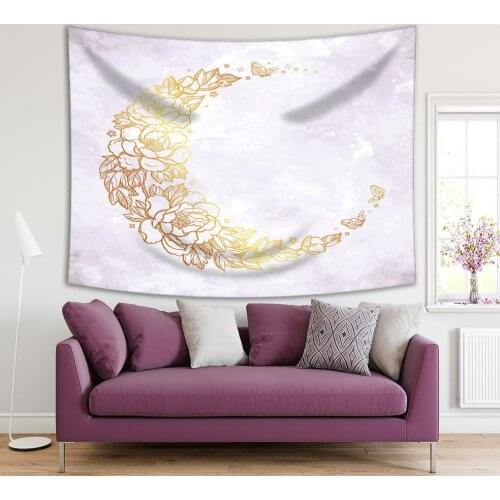 Tapestry Floral Pattern in Gold Crescent Shape Flowers Leaves Butterflies Nature Artwork Yellow White
