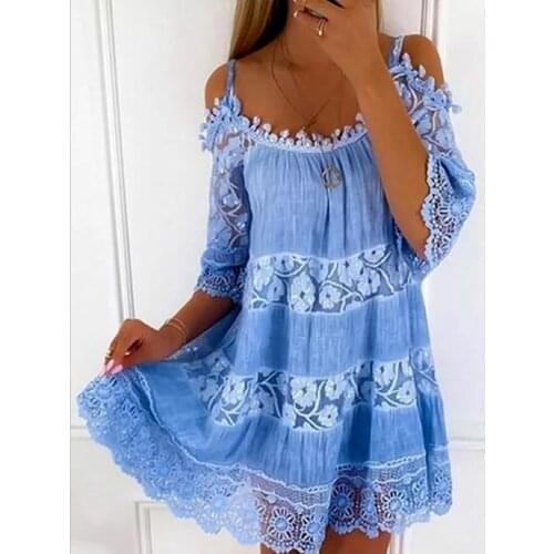 Lace flower women Dress Elegant Summer lace-up Loose Dress 2021 Fashion Hollow Out Top Sexy Lady Offical Clothes