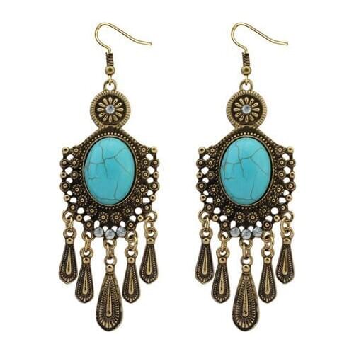Metal Retro Bohemian Famous Ethnic Group Wind-green natural stone Water Drop Temperament Exaggerates The Personality Of Earrings