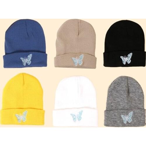 Embroidery Butterfly Crimping Solid Color Unisex Beanie Keep Warm Autumn Winter Knitting Men Skull Cap Women Ski Cap