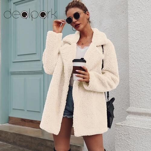Women Faux Fur Coat Long Teddy Jacket Warm Fleece Long Sleeves Notched Lapel Collar Vintage Furry Overcoat Outwear Plus Size 3XL