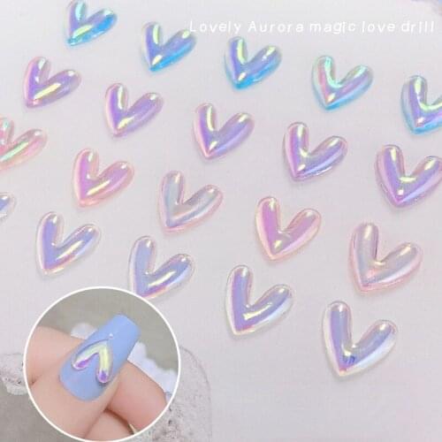 10pcs/Pack Heart Charms for Manicure,Aurora White/Pink/Blue/Purple 10*10mm 3D Nail Art Decorations Accessories Gems Rhinestones
