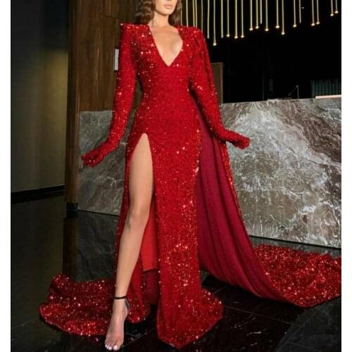 Sexy V-Neck Long Sequin Mermaid Red Evening Dresse with Slit Red Floor Length Zipper Back Formal Party Gowns for Women