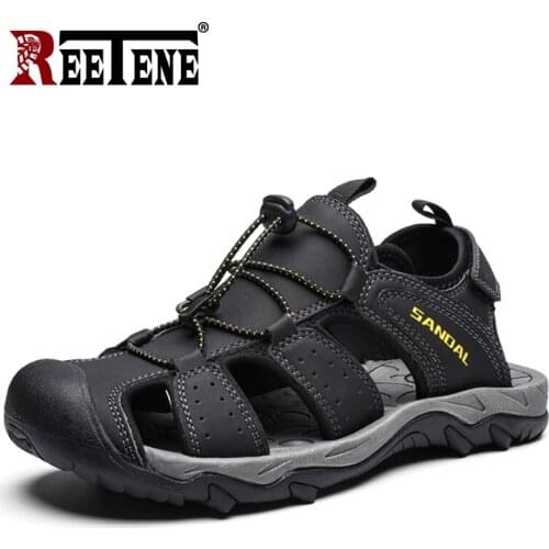 REETENE Leather Men Summer Sandals Large Size 39-46 MenS Sandals Outdoor Casual Sandals Men Comfort Breather Sandals Male