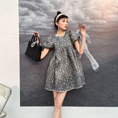 Spring New Round Neck High-Waisted Retro Design Hollow Backless Floral Print Puff Sleeve Mini Party Kawaii Robe Femme Vestidos