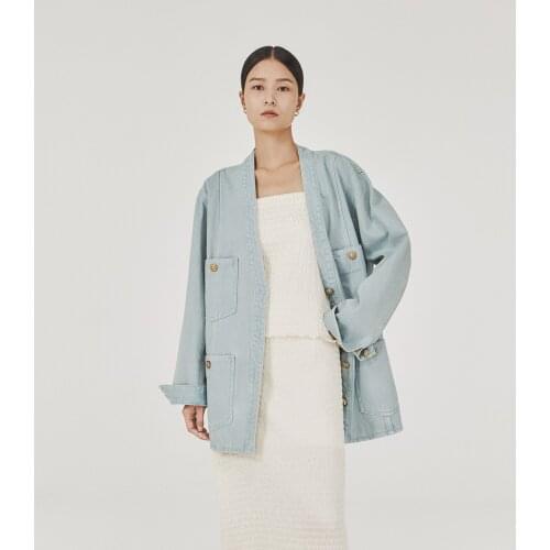 Fall Winter 2021 Collection Original Design Vintage Gold Buttons V Neck Denim Jacket Women