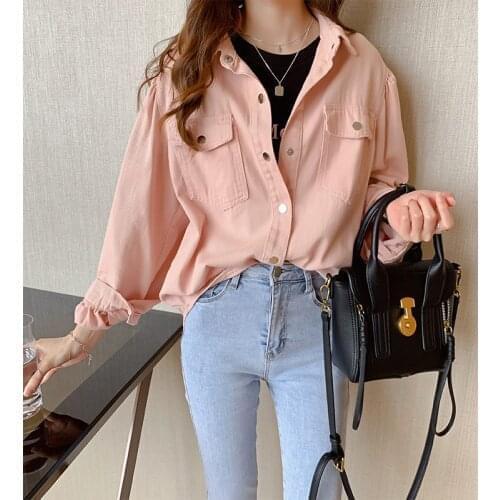 Women Denim Shirt jacket 2021 Spring Single-Breasted Tops Long Sleeve Casual Denim Jacket Ladies Jeans Coat Outerwear Plus Size