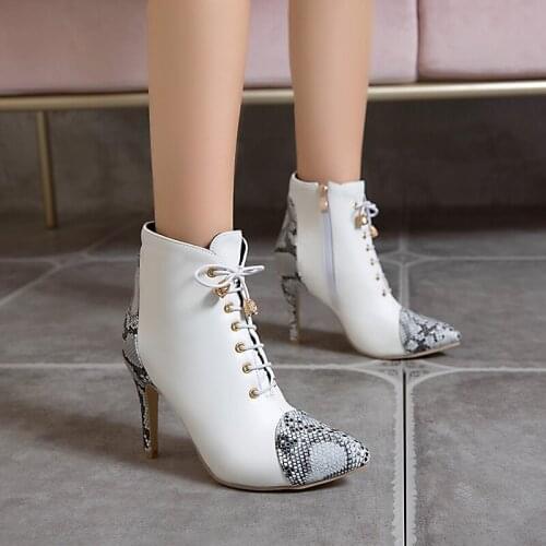 2021 Thin High Heel PU Leather Mesh Women Shoes Spring Autumn Lace Up Pointed Toe Fashion Female Ankle Boots Big Size 34-48