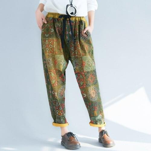Johnature Women Casual Pants Elastic Waist Print Floral Spring Fall Trouser 2021 New Vintage Casual Pockets Straight Denim Pants