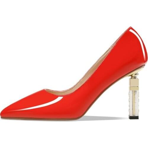 Womens Pointy Toe Patent Leather Strange Clear Transparent Heel High Pumps Party Luxury Shoes French Style Plus Size New 2021