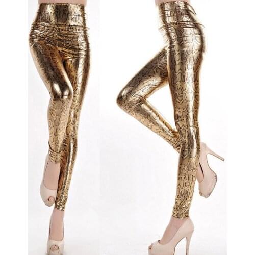 Womens High Waist Leggings Snake Shinny Faux Leather Pants Bronzing Leggings DJ dance pants club outfits in stock