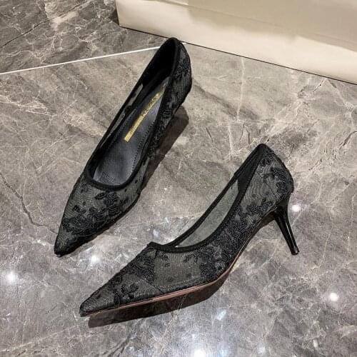 New Lace Pumps Women High Heels Female Hollow Female Mesh Embroidery Ladies Pointed Single Shoes Black Nude Size 34-39