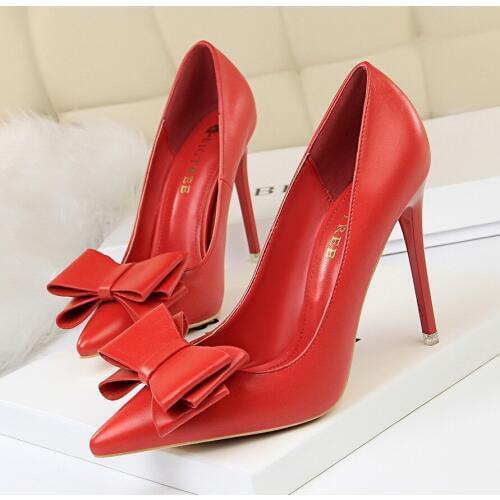 Women Pumps Sweet Style Bow Candy Colors PU Leather Pointed Toe Slip-On Shallow 10.5cm Thin High Heels Lady Party Women Shoes
