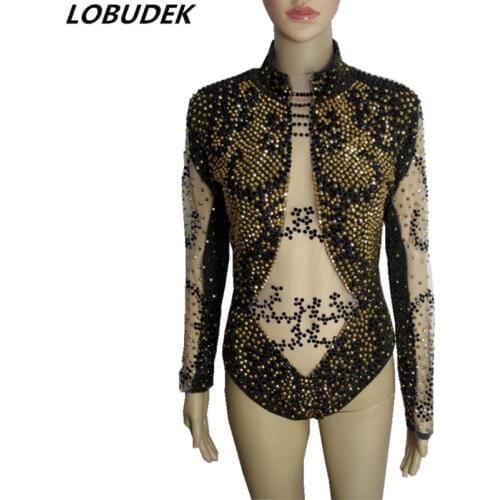 Female Shining Rhinestones Costume Golden black Crystals Bodysuit Bar DJ Singer Sexy See-through Stage Outfit Host Model Catwalk