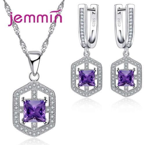 New Arrival Purple Crystal Hollow Geometric Jewelry Sets Women Necklace Pendant and Drop Earrings 925 Sterling Silver Bijoux