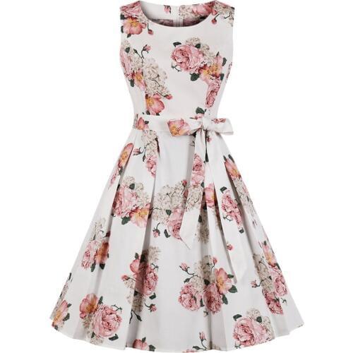 2019 Women Fashion Floral Stripe Vintage Pleat Swing Cotton Dresses Summer Sleeveless Zipper Sashes Dress Retro Party Dresses
