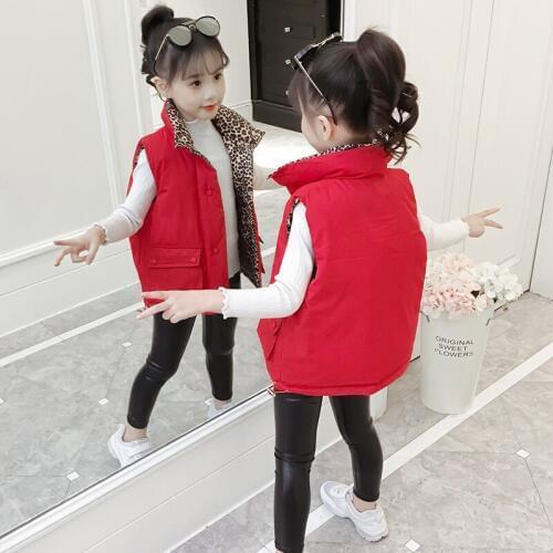 Girls Cotton Vest Winter Thick Warm Vests Leopard Print Two Sides Wearing Big Children Waistcoat Children Outwear Clothing 4-13T