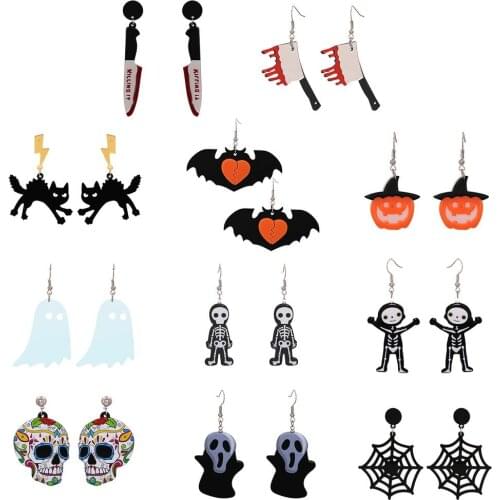 11pcs New Halloween Funny Earrings Jack-o-lantern Pumpkin Ghost Face Pendant Earrings Asymmetric Punk Ghost Smile Earrings