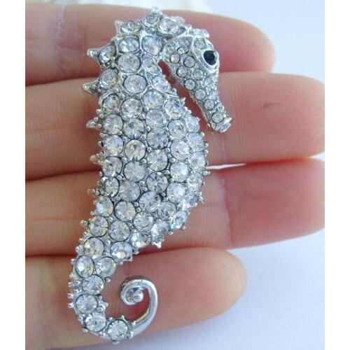 2.16" Silver-tone Clear Rhinestone Crystal Seahorse Brooch Pin Pendant EE02254C8