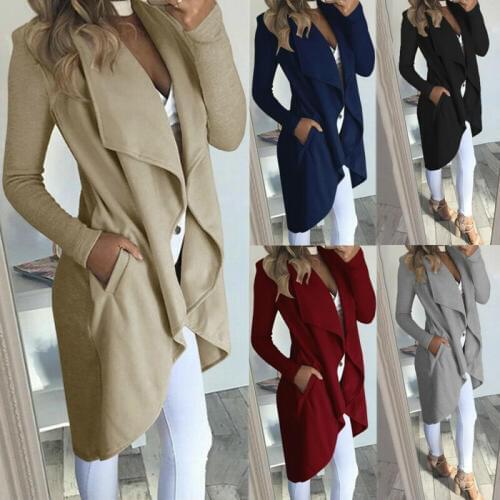 2019 Womens Long Sleeve Solid Coat Ladies Cardigan Overcoat Jumper Plus Size Trench