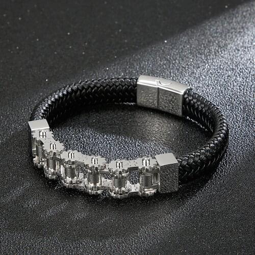 HaoYi Trend Three Color Fashion Bicycle Chain Mens Stainless Steel Cowhide Bracelet Leather Jewelry