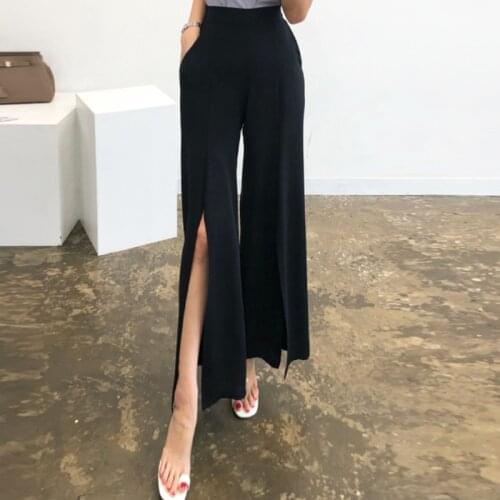 WKOUD Womens Wide Leg Pants Black Solid Chiffon Loose 2021 Y2K Summer Thin Trousers Side Split High Waist Pants Female P8383