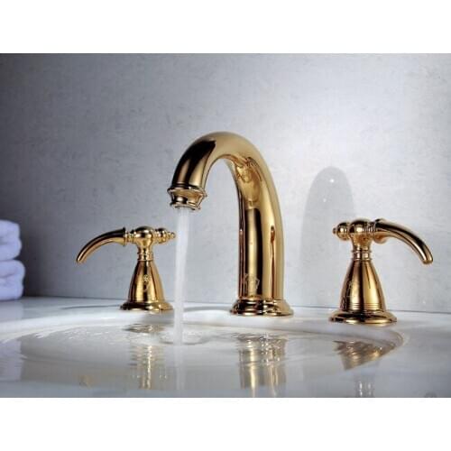 EMS(DHL)Free shipping PVD GOLD WIDESPREAD LAVATORY BATHROOM SINK FAUCET