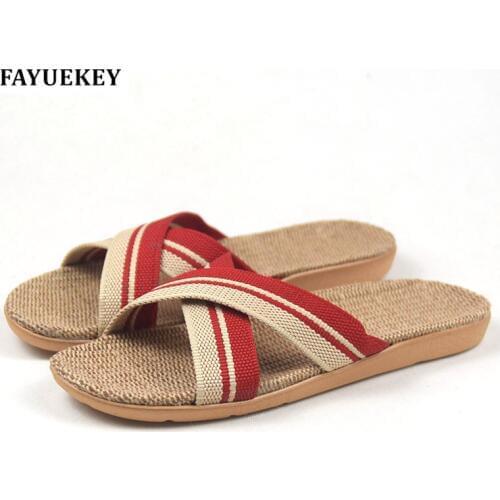 FAYUEKEY New Fashion Summer Home Striped Cross Linen Slippers Women Indoor\ Floor Non-slip Beach Slides Flat Shoes Girls Gift