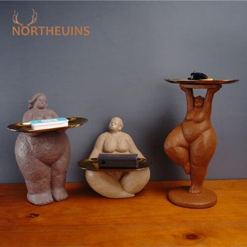 NORTHEUINS Resin Fat Lady Tray Storage Figurines Nordic Art Girl Desktop Decoration Accessorie Abstract Figure Statue Home Decor