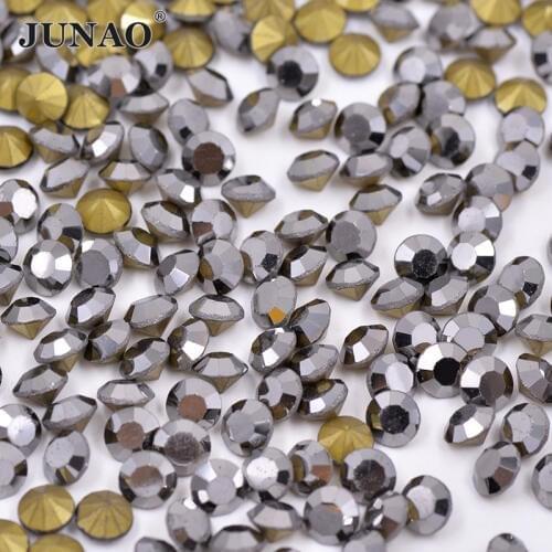 JUNAO SS 6 8 10 12 16 20 30 Bright Black Round Glass Rhinestone Applique Pointback Crystal Strass For Nail Art Garment Ornament