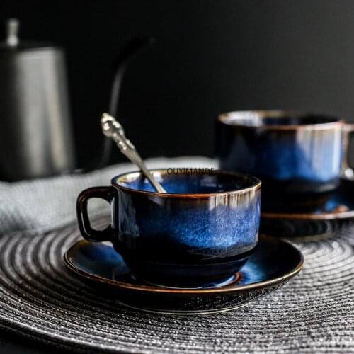 Ceramic Coffee Cup with Saucer Set Porcelain Afternoon Teacup Japanese Style Simple Retro Blue Espresso Breakfast Mug Drinkware