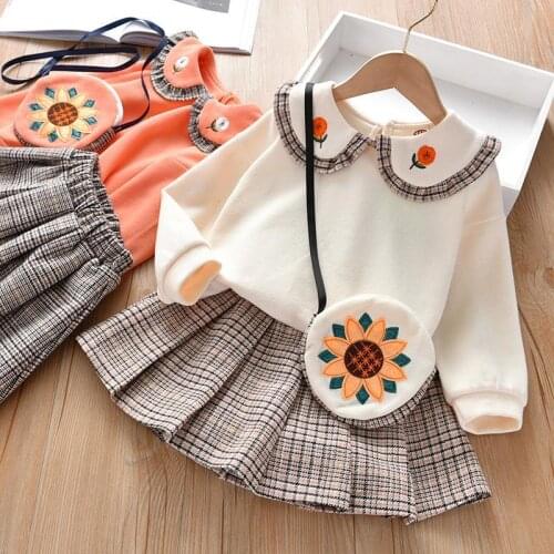 2021 Autumn Plaid Baby Girls Pleats Dress Sets 3 Pieces Cotton Top Fashion Cute Princess New Design Children Clothes Suits