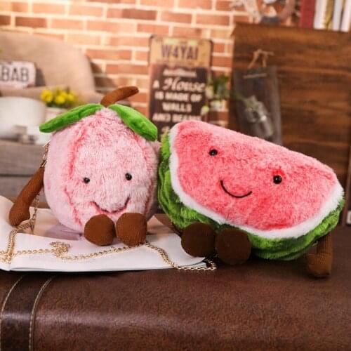 Creative Plush Fruits Pattern Cute Watermelon Cherry Doll Shoulder Crossbody Bag Girls Shopping Soft Stuffed Casual Chain Purse