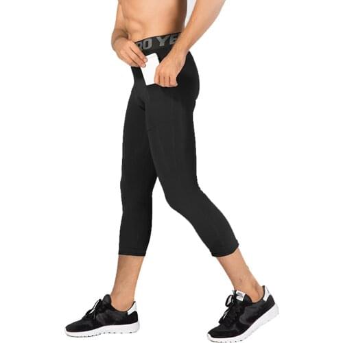 Men Running Tights with Pocket 3/4 length Sport Leggings Compression Underwear Quick-drying Capri Pants Jogging Fitness Gym