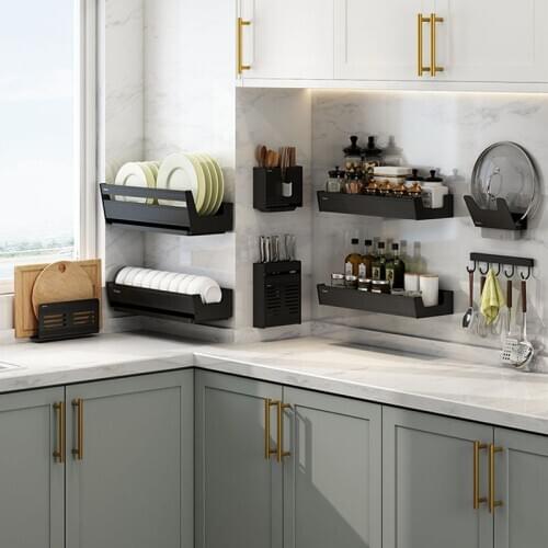Black Aluminium Alloy Wall Mounted Kitchen Dish Storage Rack Cutlery Organizer Knife Holder Seasoning Box Container Hooks Tooks