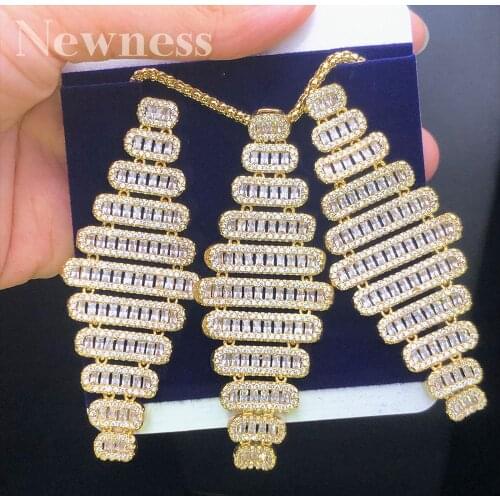 Newness Luxury Ladder Shape Dangle 3A Cubic Zirconia Gold Color 3Tones Copper Pendant Necklace Earrings Women Fashion Jewelry