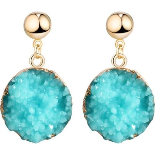 Fashion Gold Color Round Fake Druzy Earring For Women 2021 Bohemian Handmade Pink Resin Stone Long Drop Earrings Design Jewelry