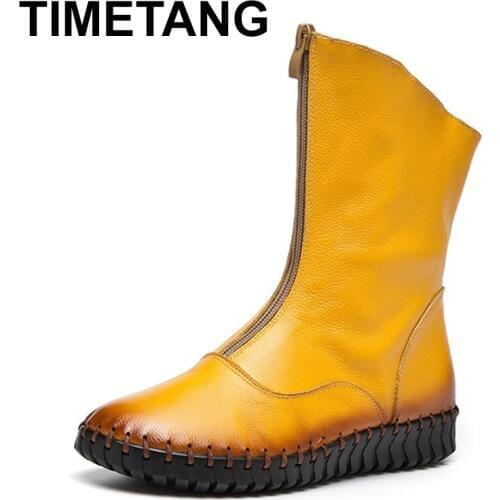TIMETANG New Fashion Genuine Leather Women Boots Winter Shoes Casual Moccasins Women Boots Flat Shoes Handmade Shoes Woman Boot