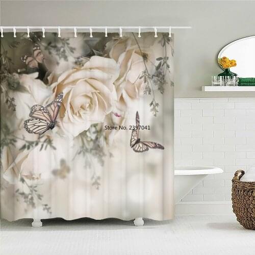 Colorful Beautiful Fresh Flowers Shower Curtain Bathroom Waterproof Polyester Butterfly 3D Print Curtains for Bathroom Shower