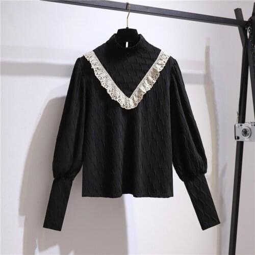 Black Lace Stitch Long Sleeved Plus Size Korean Autumn Elegant Fashion Blouses And Tops WomenS Oversize T-Shirt Clothing 2021