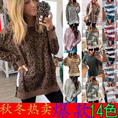 Sweatshirt Hoodies Women 2021 Leopard Round Collar Irregular Long Sleeve Female Jacket Fleece Clothing LDM201128