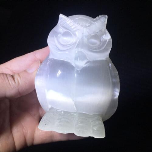 1PCS Natural Hand Carved white selenite owl Crystal angels folk crafts for Healing Gifts