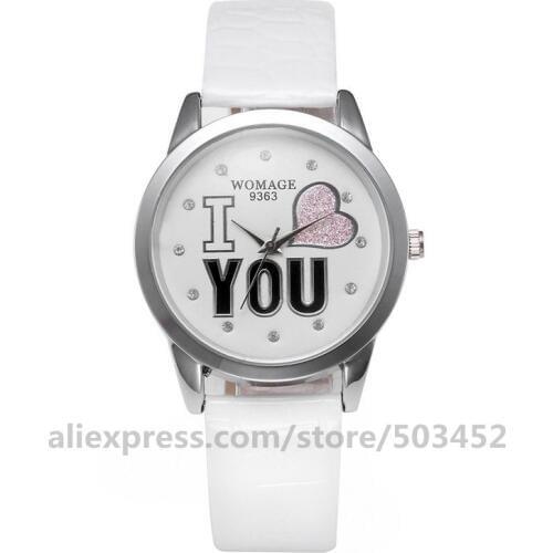 100pcs/lot Womage 9363 Ladies Watch Cute Wristwatch PU Belt Watches Zirconia Scale I Love You Curren For Girl Student