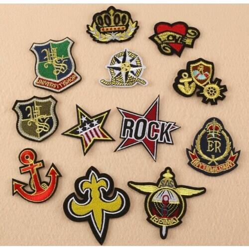 50pcs/lot Vintage Embroidery Patch Letter Clothing Decoration Accessory Love Heart Gold Crown Anchor Iron Heat Transfer Applique